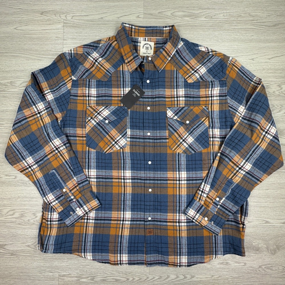 Dubinik Men's Flannel Shirt Western Plaid Pearl Snap Blue Orange 3XL NWT